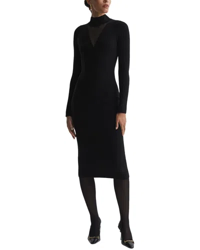 Reiss Black Ribbed Mesh Panel Bodycon Midi Dress