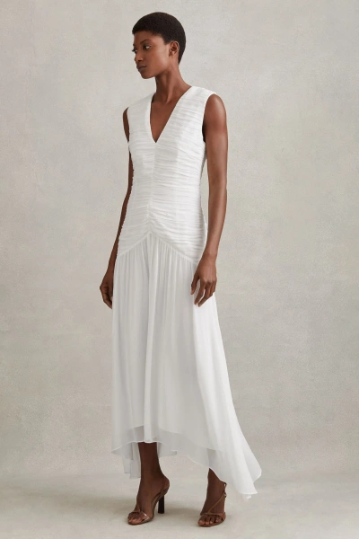 Reiss Ivory Ruched Bodycon Midi Dress In Ivory