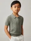 Reiss Sage 9-13 Yrs Half-zip Pointelle Polo Shirt In Green