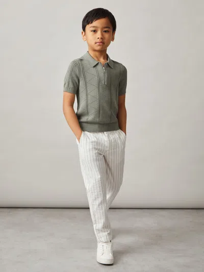 Reiss Sage 9-13 Yrs Half-zip Pointelle Polo Shirt In Green
