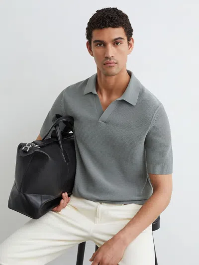 Reiss Sage Cotton-blend Basket-stitch Open-collar Polo In Green