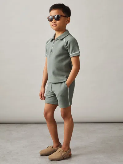 Reiss Sage Green 3-9 Yrs Cotton Textured Piped Shorts