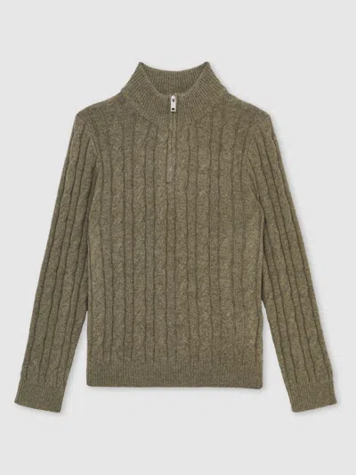 Reiss Sage Green Wool-blend Half-zip Cable Knit Jumper