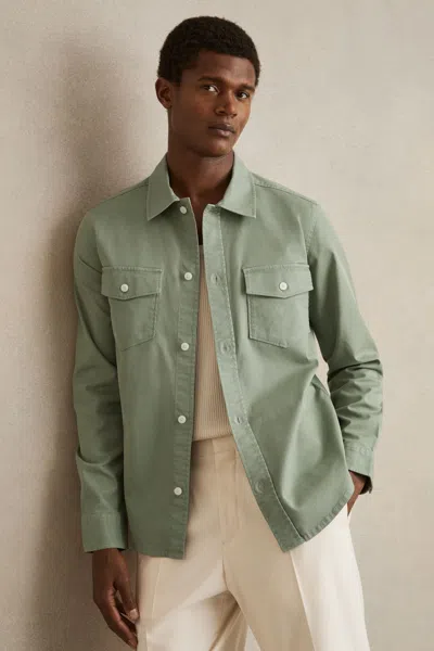 Reiss Sage Green Cotton Twill Twin Pocket Overshirt With Stretch