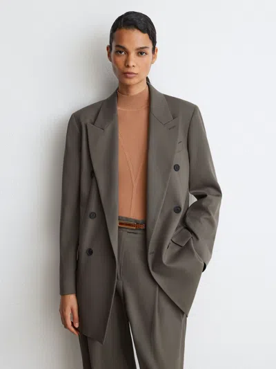 Reiss Sage Green Leisel Wool-blend Double-breasted Oversized Suit Blazer In Gray