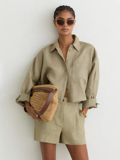 Reiss Sage Green Linen Chambray Shorts