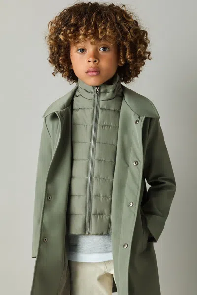 Reiss Sage Green Logan 9-13 Yrs Gabardine Coat With Removable Gilet