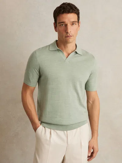 Reiss Sage Green Melange Merino Wool Open-collar Polo Shirt