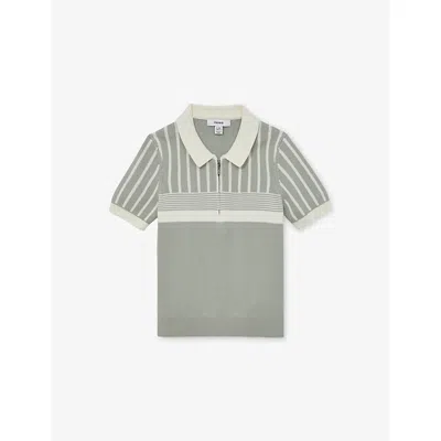Reiss Kids' Sage Green Off White Hugo Striped Knitted Polo Shirt 9-13 In Gray