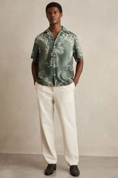 REISS SAGE GREEN PRINT CUBAN-COLLAR SHIRT