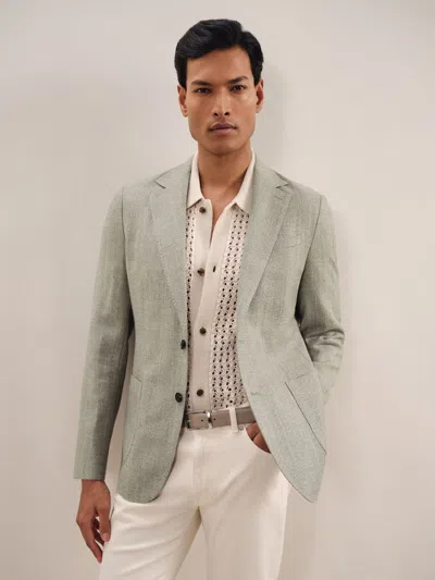 Reiss Sage Green Slim-fit Single-breasted Wool-blend Textured Blazer In Gray