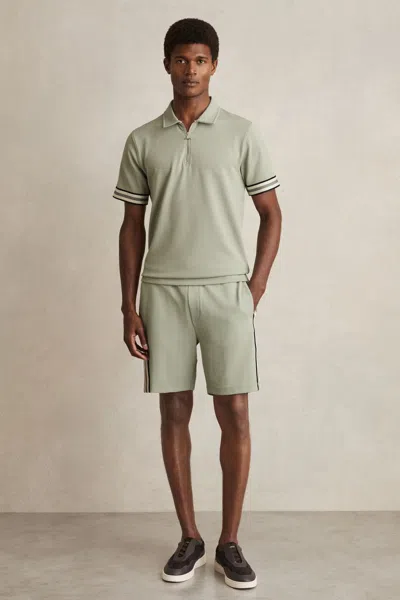 Reiss Sage Green Textured Contrast Trim Half-zip Polo Shirt