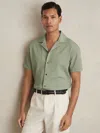 Reiss Sage Green Textured Crepe Cuban Collar Shirt In Green
