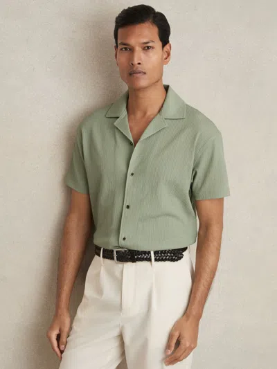 Reiss Sage Green Textured Crepe Cuban Collar Shirt