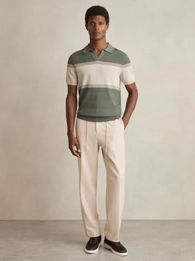 Reiss Sage Green Textured Knit Stripe Polo Shirt In Gold