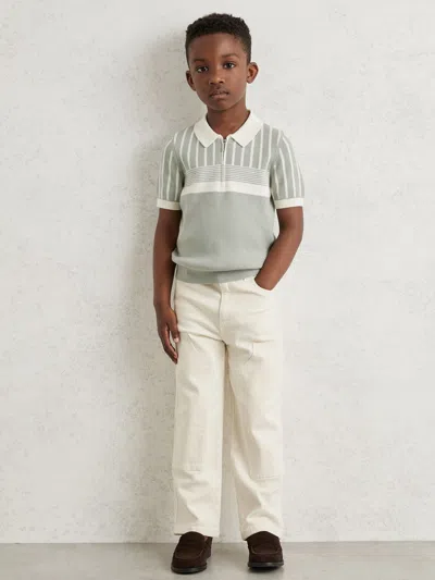 Reiss Kids' Sage Green/off White Cotton Stripe Knit Half-zip Polo Shirt In Gray