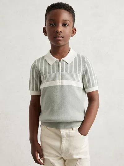 REISS REISS SAGE GREEN/OFF WHITE HUGO COTTON STRIPE KNIT HALF ZIP POLO SHIRT