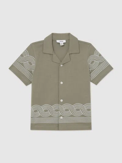 Reiss Sage Green/white Arden 13-14 Yrs Cotton Embroidered Cuban-collar Shirt