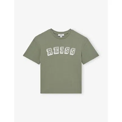 Reiss Kids' Sage Off White Leonard Branded-print Cotton-jersey T-shirt 9-13 In Green