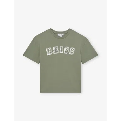 Reiss Kids' Sage Off White Leonard Branded-print Cotton-jersey T-shirt In Green