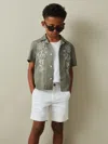 Reiss Sage/off White 9-13 Yrs Cotton Embroidered Cuban Collar Shirt