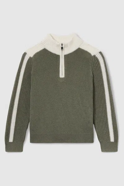 Reiss Sage/white Carnellis 3-9 Yrs Zipped Funnel-neck Jumper With Wool And Cotton