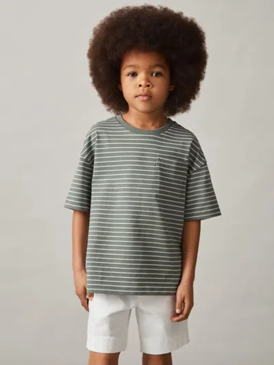 Reiss Sage/white Cotton-blend Stripe T-shirt