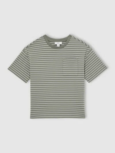 Reiss Babies' Sage/white Cotton-blend Stripe T-shirt In Green