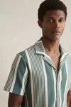 Reiss Sage/white Stripe Ribbed Cuban Collar Shirt