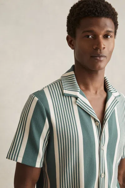 Reiss Sage/white Stripe Ribbed Cuban Collar Shirt