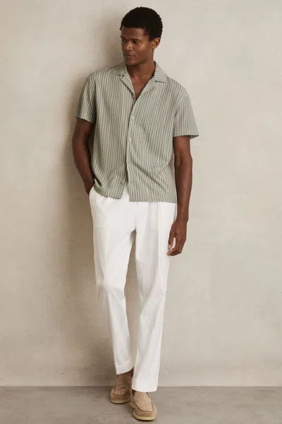 Reiss Sage/white Textured Stripe Cuban Collar Shirt