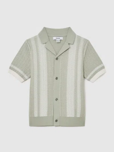 Reiss Sage/white Victor 3-9 Yrs Cotton Textured-knit Striped Shirt In Gray
