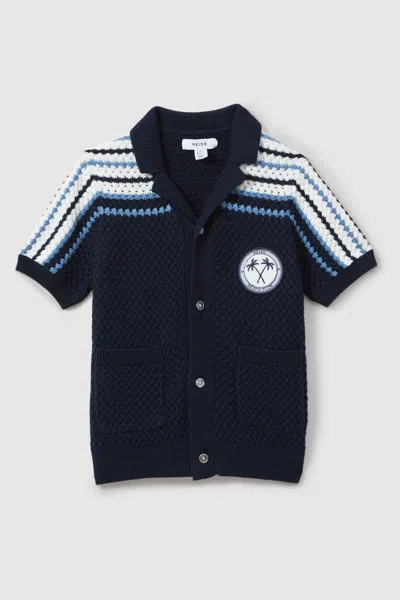 Reiss Sandy - Navy Knitted Cotton Cuban Collar Shirt, Uk 13-14 Yrs