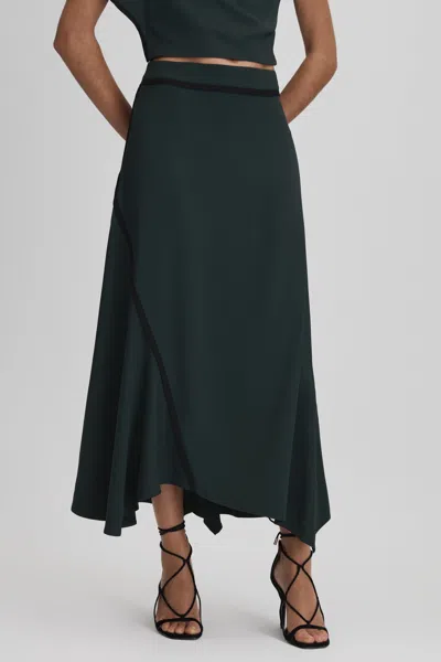Reiss Sara - Green Asymmetric Contrast Trim Midi Skirt, Us 10