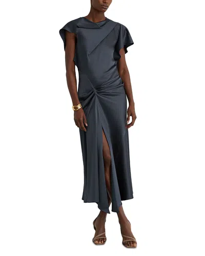 Reiss Womens Slate Grey Sasha Drape-detail Satin Midi Dress In Blue