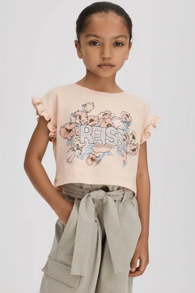 Reiss Saskia - Pink Junior Ruffle Sleeve Cropped Motif T-shirt, Age 6-7 Years