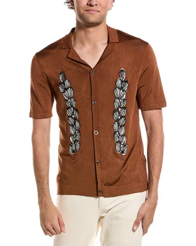 Reiss Script Embroidered Cuban Collar T-shirt In Brown