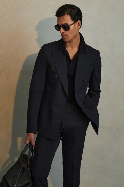 Reiss Navy Seare Double Breasted Cotton Blend Blazer