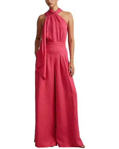 Reiss Selena Halter Linen-blend Jumpsuit In Pink