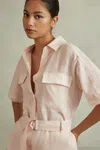 REISS SELINA - PINK LINEN BELTED PLAYSUIT, US 6
