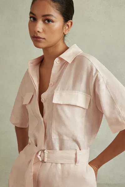 Reiss Pink Linen Belted Playsuit