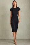 Reiss Navy Textured Cap Sleeve Midi Dress