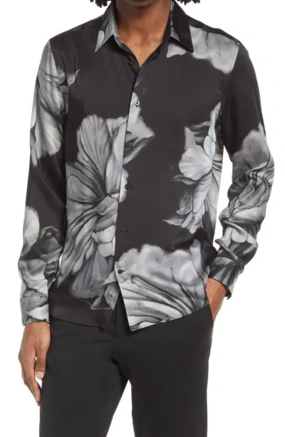 Reiss Shawn Floral Button-up Shirt In Black