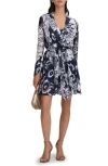 Reiss Sienna Printed Tie Neck Shirtdress In Navy/cream