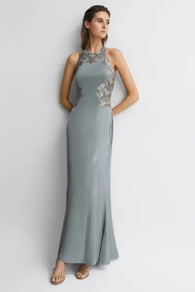 Reiss Silver Fitted Lace Halter Neck Maxi Dress