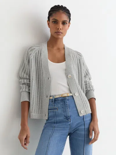 Reiss Silver Grey Cotton-blend Open-knit Cardigan In Gray