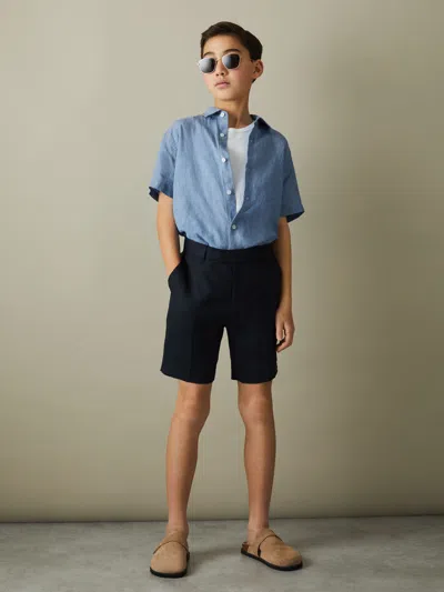 Reiss Kids'  Sky Blue Holiday 9-13 Yrs Linen Short-sleeve Shirt