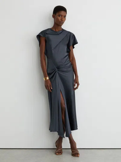 Reiss Slate Grey Satin Drape-detail Midi Dress In Blue