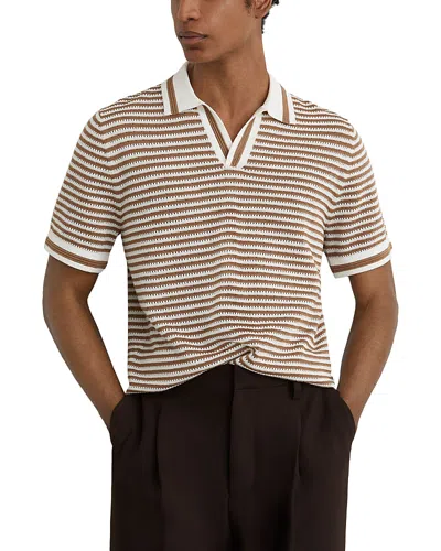 Reiss Mens Camel Off White Carlford Stripe-print Cotton And Linen-blend Polo In Brown