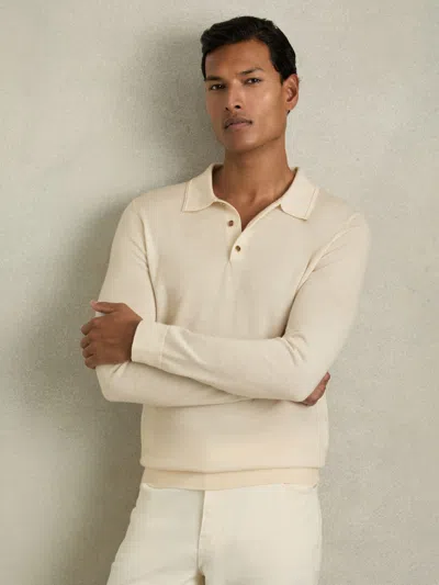 Reiss Snow White Merino Wool Long-sleeve Polo Shirt In Brown
